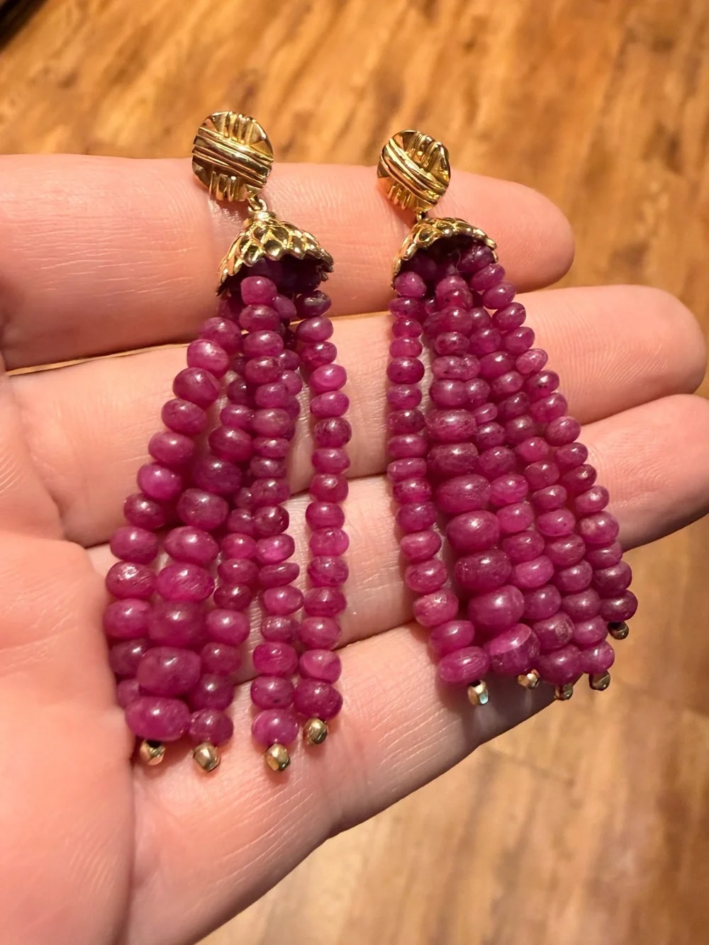 Ruby 22k Gold Earrings from India. Stunning Tassel Earrings - Women Jewelry - Picture 9 of 14